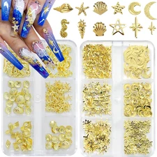 Gold Nail Charms, 2Boxes Gold Star Ocean Nail Gems Charms, Metal Small Star Moon