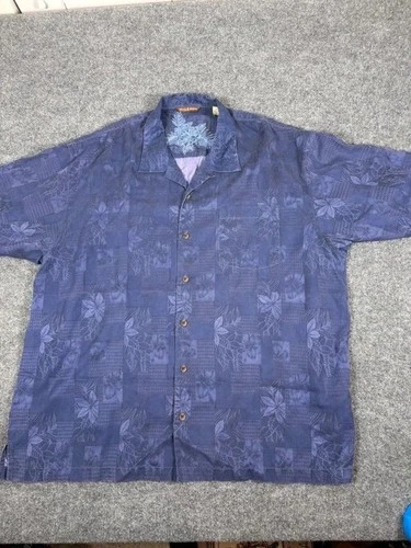Tommy Bahama 100% Silk Herringbone Checkerboard Floral Camp Shirt Purple XXL - product listing photo