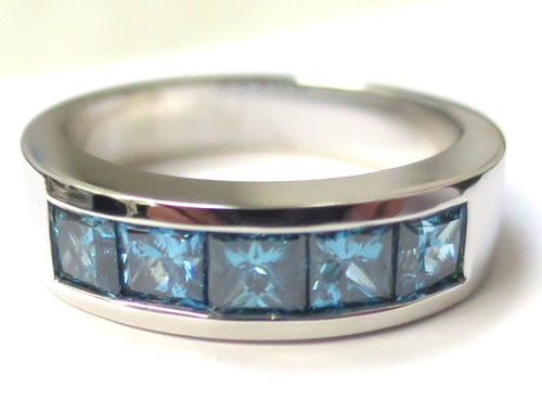 2 carat 5 Princess cut Blue Diamond Band Men 14k White Gold Ring VVS/VS clarity