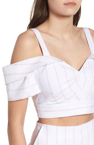 Leith Womens XXL White Blush Pink Cold Shoulder Crop Top Linen Blend - Picture 4 of 5