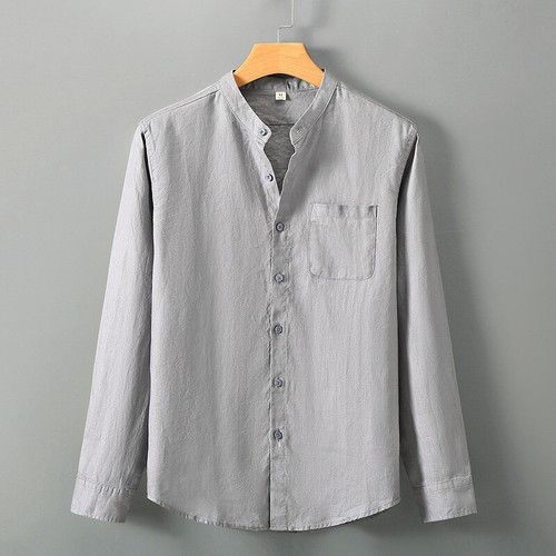 Linen Long-sleeved Shirt Men Chinese Stand Collar Casual Relaxed Breathable Tops - Picture 14 of 23