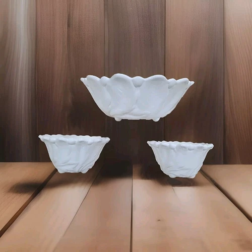 Vintage Milk Glass Bowl & Candlestick 3pc Set Indiana Flower & Leaf Footed 9”X3”