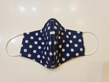 Handmade Face Mask filter pocket nose bridge triple layer navy white polka dot