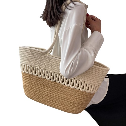 Large Summer Tote Bag Woven Cotton Beach Bag With Shoulder Strap - Picture 20 of 24