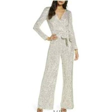 Eliza J Sequined Jumpsuit Faux Wrap Wide Leg Belt Sz 6 NWT Silver Long Sleeve