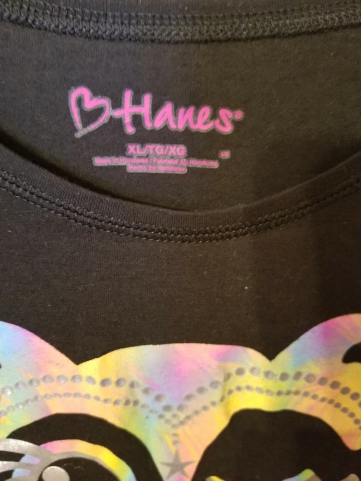 Hanes Niñas Talla XL Búho Negro Camiseta Elástica En Lados Inferior Plata Azul Rosa  Foto 4 de 4