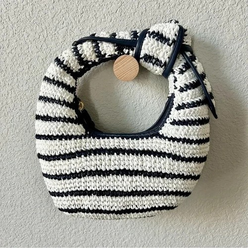 NEW Poolside Josie Raffia Knot Bag Navy Blue White Stripe Nautical Beach Mini - Picture 7 of 8