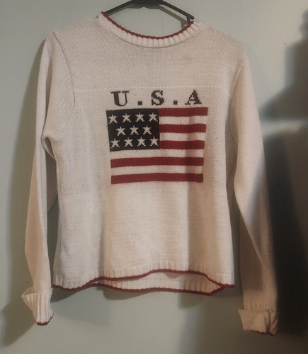 Vintage 90s Faded Glory American Flag Sweater Cream Xlarge Made In USA