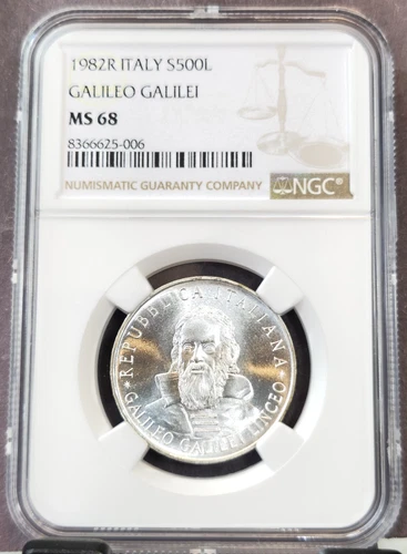 1982 ITALY SILVER 500 LIRE S500L GALILEO GALILEI NGC MS 68 RARE TOP POP 1
