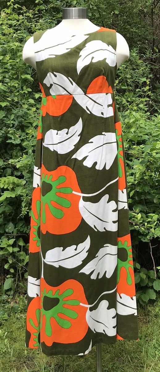 Vintage Tiki Hawaii dress GREEN ORANGE WHITE maxi sleeveless sexy pinup  RARE MCM | eBay