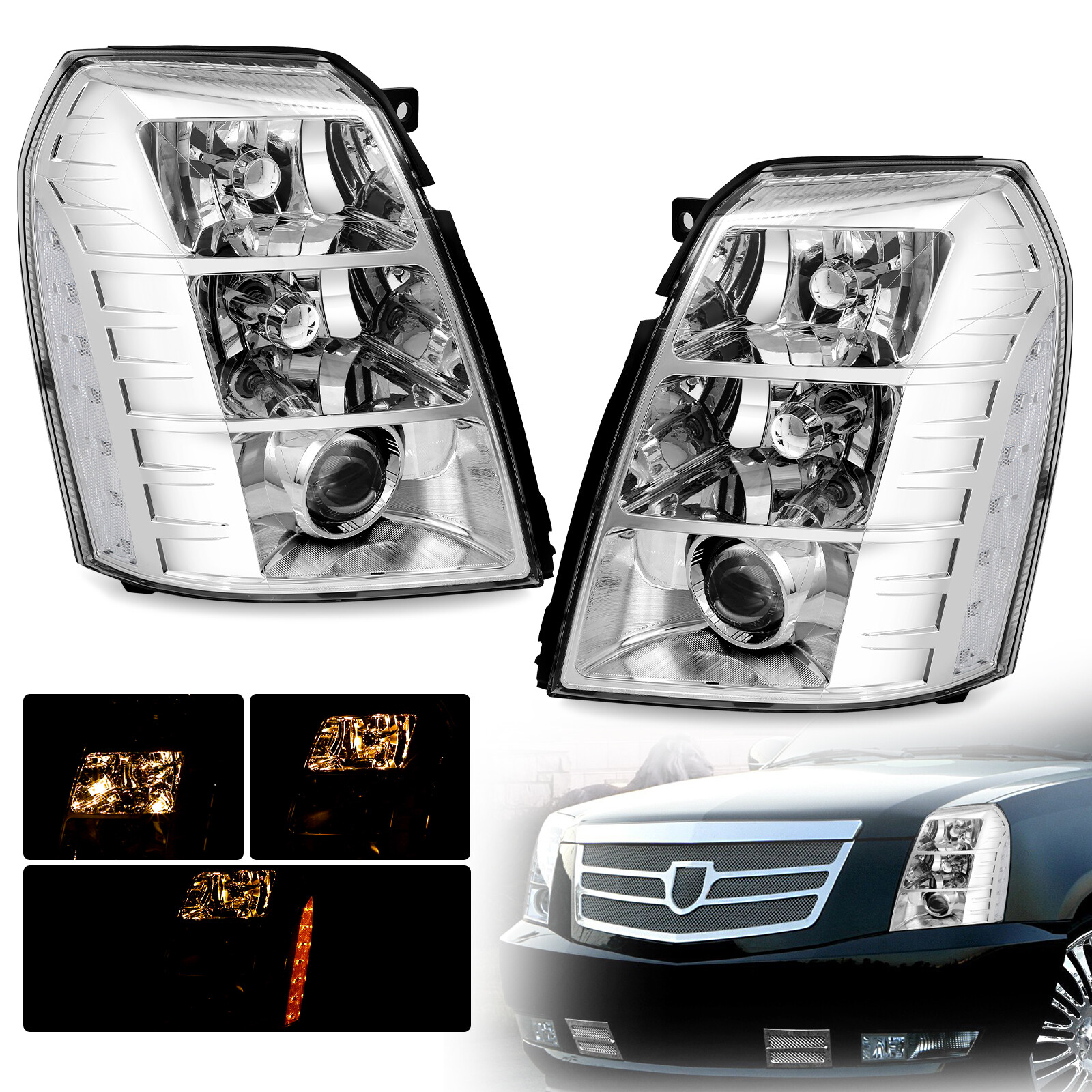 2007-2014 Cadillac Escalade Chrome HID Xenon Projector Headlights