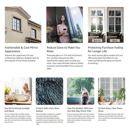 One Way Mirror Window Film Solar Tint Reflection Heat Privacy Home Office Stick - Picture 13 of 22