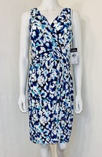 NWT Chaps Blue Turquoise Floral Knit Ruched Twist Faux Wrap Dress Size M