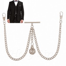 Nuovo Color Argento Doppio Albert Orologio da Tasca Catena Con Cavo Ciondolo