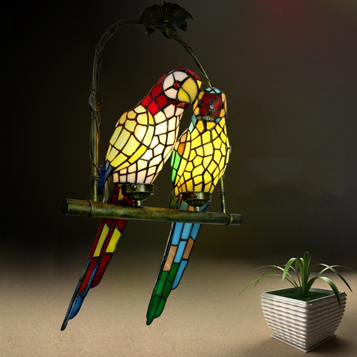 Pendant Hanging Lamp Glass 2 Parrots Stained Rural Ceiling Chandelier Light New - Picture 7 of 12