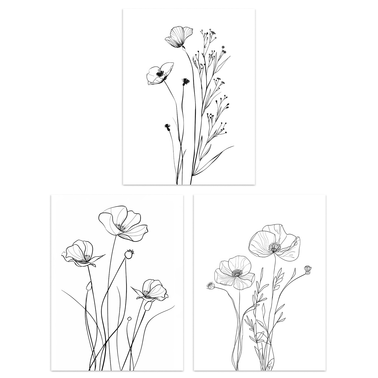 Set of 3 Minimalist Line Poppy Flowers Floral 12X16"" Wall Art Prints