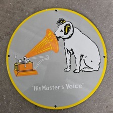 VINTAGE MASTER'S VOICE DOG OLD US GASOLINE OIL GAS PUMP ENAMEL PORCELAIN SIGN