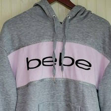 Bebe Sport Hoodie Womens XL Gray Pink Colorblock Pullover Fleece Logo Glitter