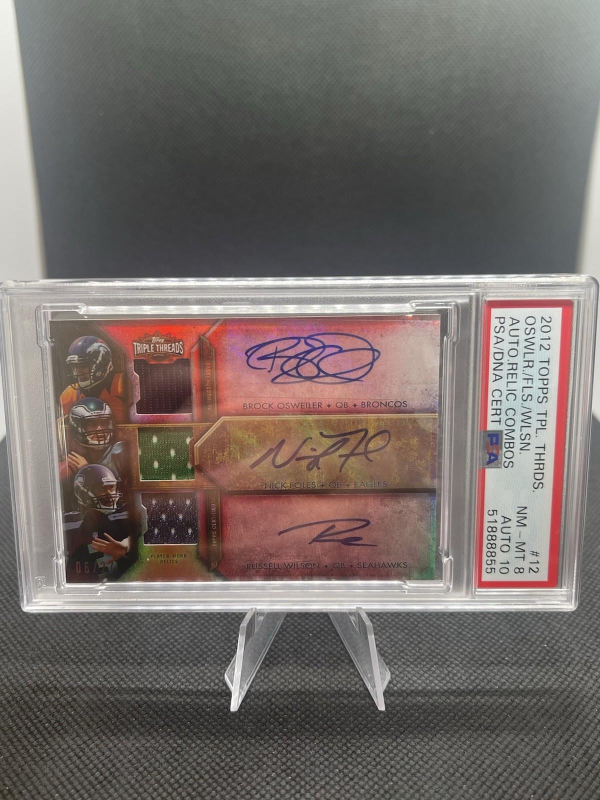 2012 Wilson Foles Osweiler Topps Triple Threads Auto Patch Combo #12 PSA 8 /27 view 1