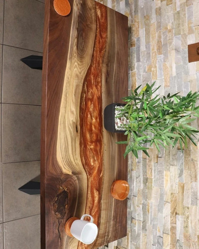 60"x30" Live Edge Walnut Epoxy Dining Table – Emerald Orange Handmade Table - Picture 4 of 9