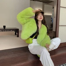 New Green Fox Fur Jacket Womens Short Korean Fluffy Fur Warm Long Sleeve Jacket