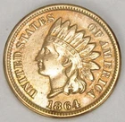 1864 P Indian Head Small Cent, Variety 3, No L, Almost Uncirculated