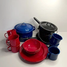 Metal Enamel Camping Plates Bowls Cups Pots Pans Lot Speckled Multicolor