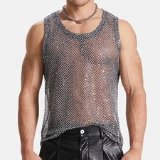 Shiny Sequined Sheer Mesh Vest Sleeveless T-shirt for Men Nightclub Bar Sexy Top