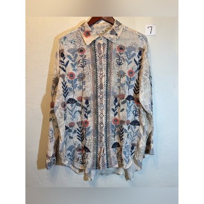NWT-Johnny Was Floral Embroidered Cream Button-Up Shirt with Blue and Coral