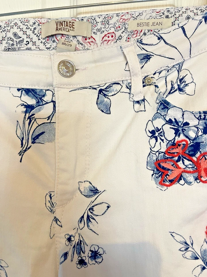 Jean Bestie Mujer Vintage América Blanco Floral Bordado Talla 8R/29 Foto 2 de 4