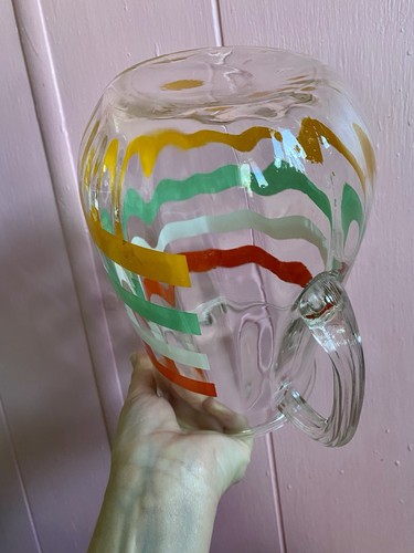 Mid Century Vintage Anchor Hocking Fiesta Stripe Glass Pitcher Orange Green Gold - Picture 8 of 12