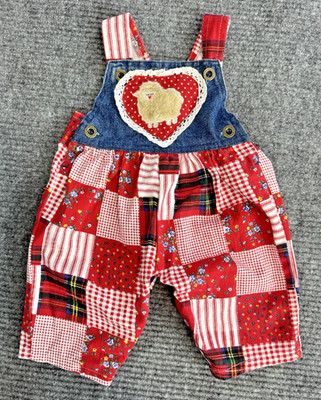 Vintage Bubble Baby Romper Overalls Patchwork Heart 0-6M Red Blue Plaid Denim