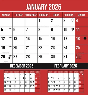 DESIGN GROUP 2026 Wall Calendar 3 Months To View Red Planner Hanging Spiral Bound 230 x 248mm