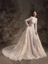 Lace Long Wedding Dress Train Bridal Gown Modest High Collar Dresses For Bride