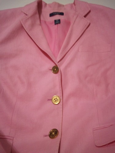 Chaps Blazer Women L Pink Linen 3 Buttons Pockets Shoulder Pads Lined - Picture 3 of 11