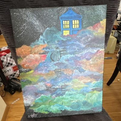 NYE Abstract TARDIS Clouds Staircase Signed Acrylic Canvas Painting 19*