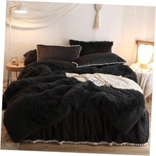 Faux Fur Comforter Cover Set, Fuzzy Bedding Set 2 Pieces 1 Fluffy Twin Black
