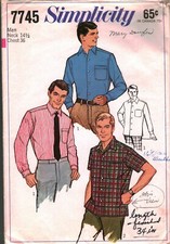 7745 Vintage Simplicity SEWING Pattern Mens Button Front Shirt Long Sleeve