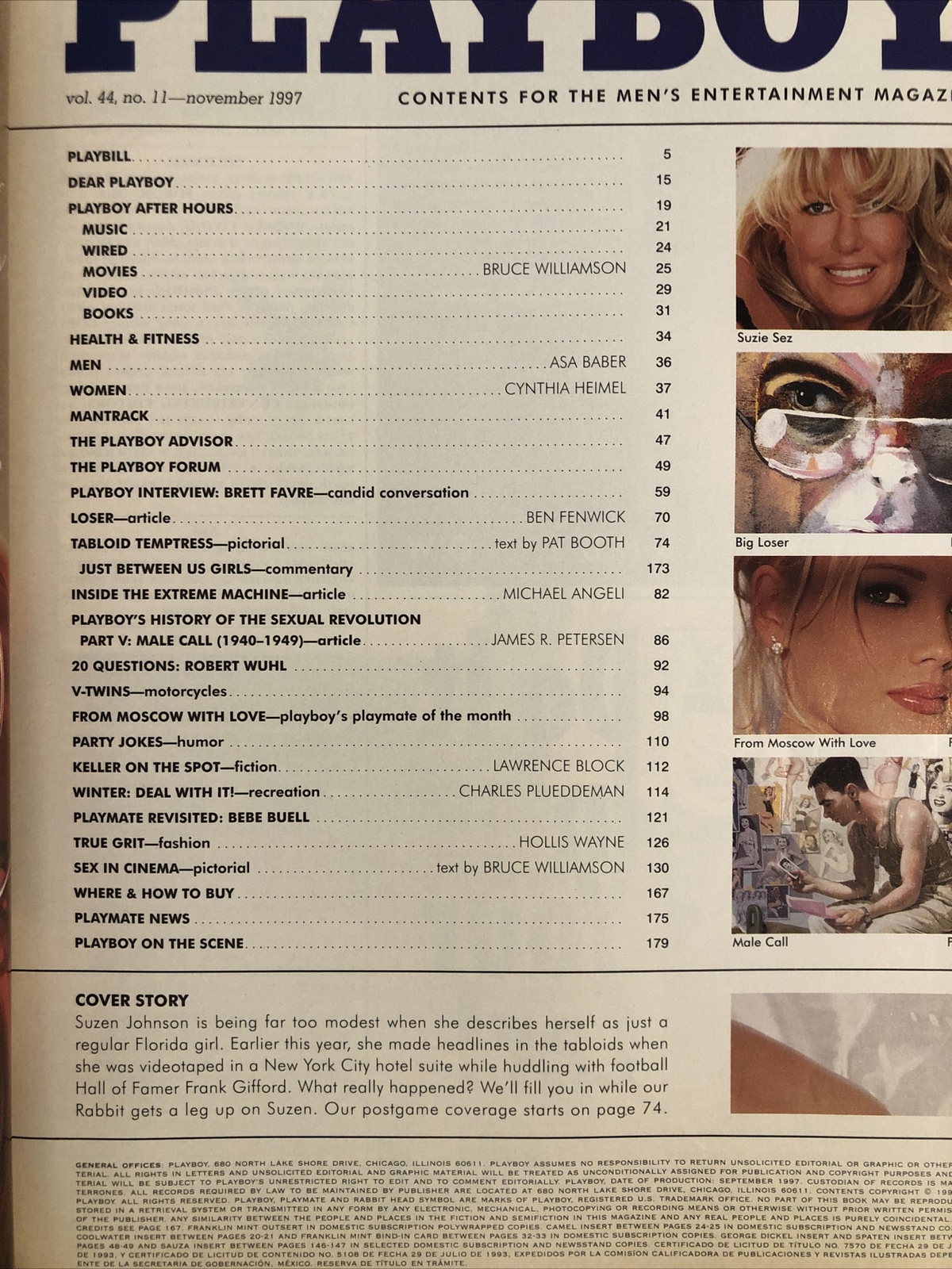 Playboy November 1997 Suzen Johnson, Inga Orozdova, Brett Favre, Bebe