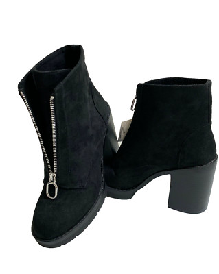 Pull and Bear Black Faux Suede Silver Zip Heeled Ankle Boots Size US 7 NEW