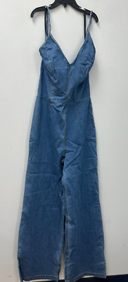 Premier Amour Blue Denim Halter V-Neck Wide Leg Jumpsuit Back Zip Sleeveless