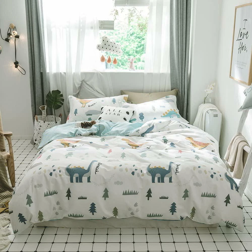 BuLuTu Dinosaur Kids Bedding Sets Twin Cotton White 3 Pieces