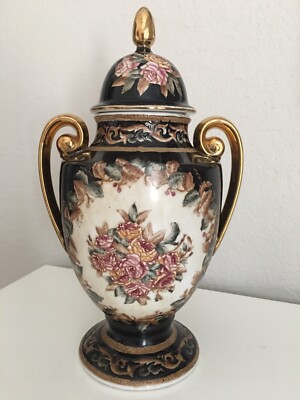 Raymond Waites High-End Modern Lidded Urn Gold Black Floral Toyo Trading Co RARE