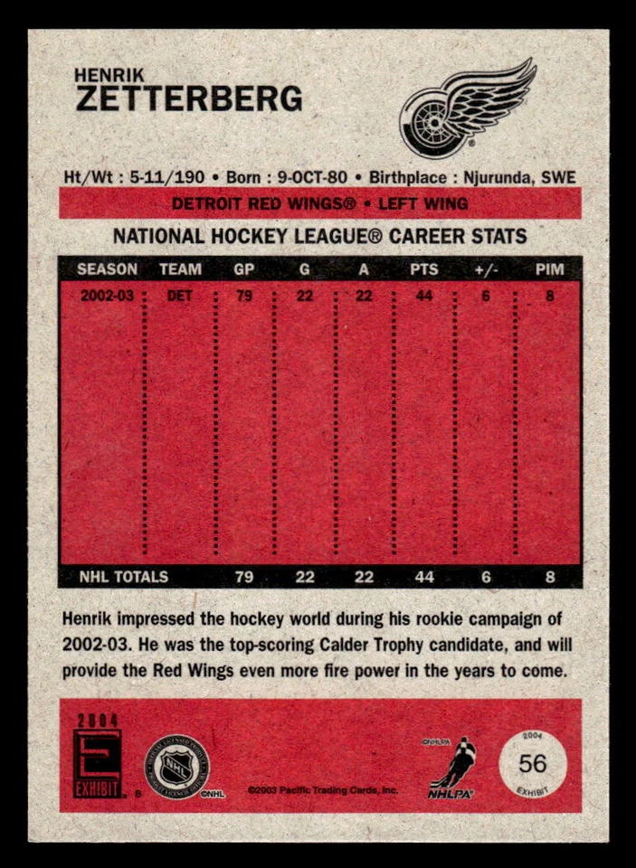 Henrik Zetterberg 2003 Pacific Exhibit #56   Detroit Red Wings - Image 2 of 2