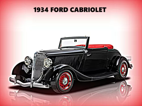 1934 Ford Cabriolet New Metal Sign: Black w/ Red Interior & Wheels
