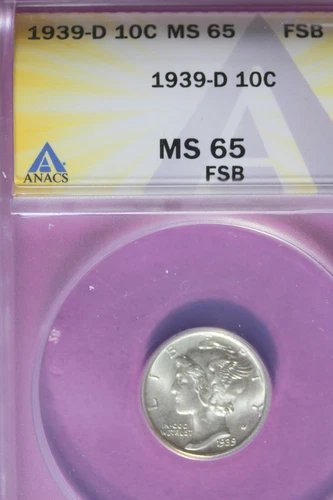 1939 D- ANACS 10C MS65 FSB MERCURY DIME #B44344