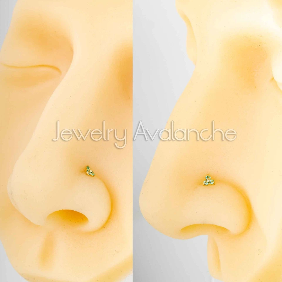 Tachuela de nariz de 3 piedras de oro macizo de 14 quilates 0,030 quilates genuina con anillo de nariz de esmeralda Foto 4 de 4