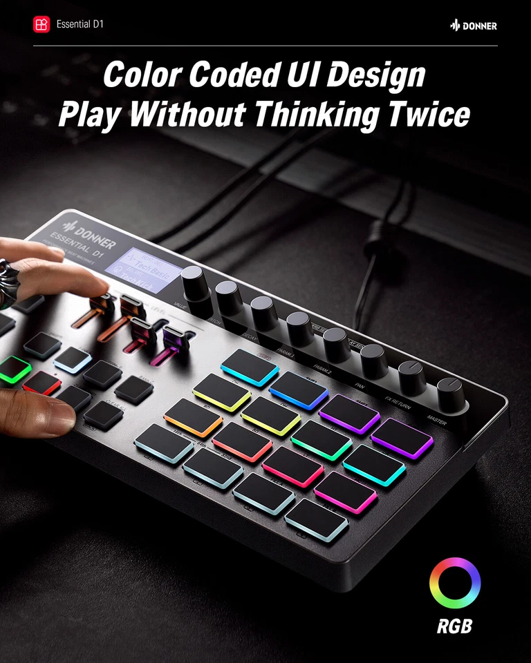 Donner D1 Digital Drum Machine Step Sequencer 16 Pads 5 Encoder 12 Tracks Sample - Image 3 of 4