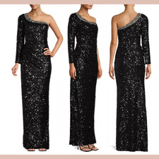 NWT 1095 Sachin Babi 12 Greta Sequined One Shoulder Gown Black J1471