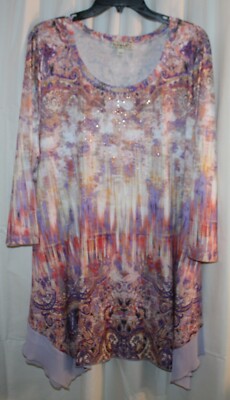 One World  Stretch 3/4 Sleeve Paisley Boho-Style Blouse w/Studs - Size XXL